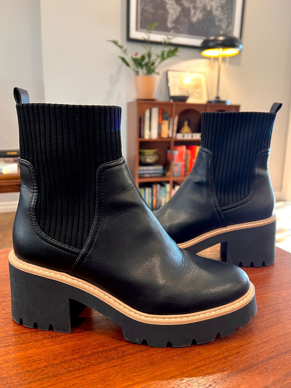 Black Chunky Lug Sole Platform Chelsea Ankle Boots Dolce Vita Faux Leather 7.5
